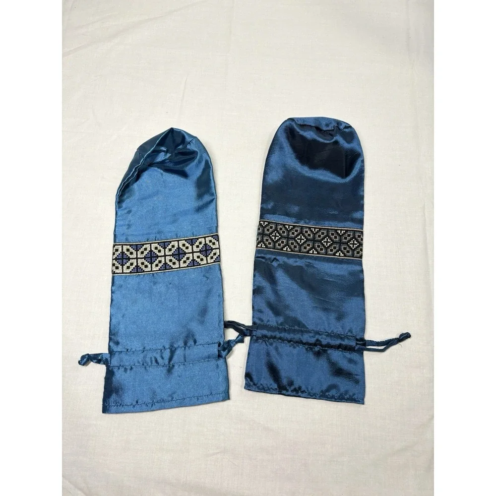 Set of 2‎ Blue Satin Drawstring Bags Embroidered Trim Folk Style Gift Pouches